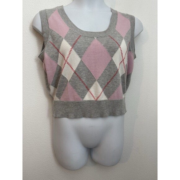 Torrid Women Vest Academia Argyle Sweater Gray Pink Size 1X Preppy Cropped 90s - Picture 1 of 5